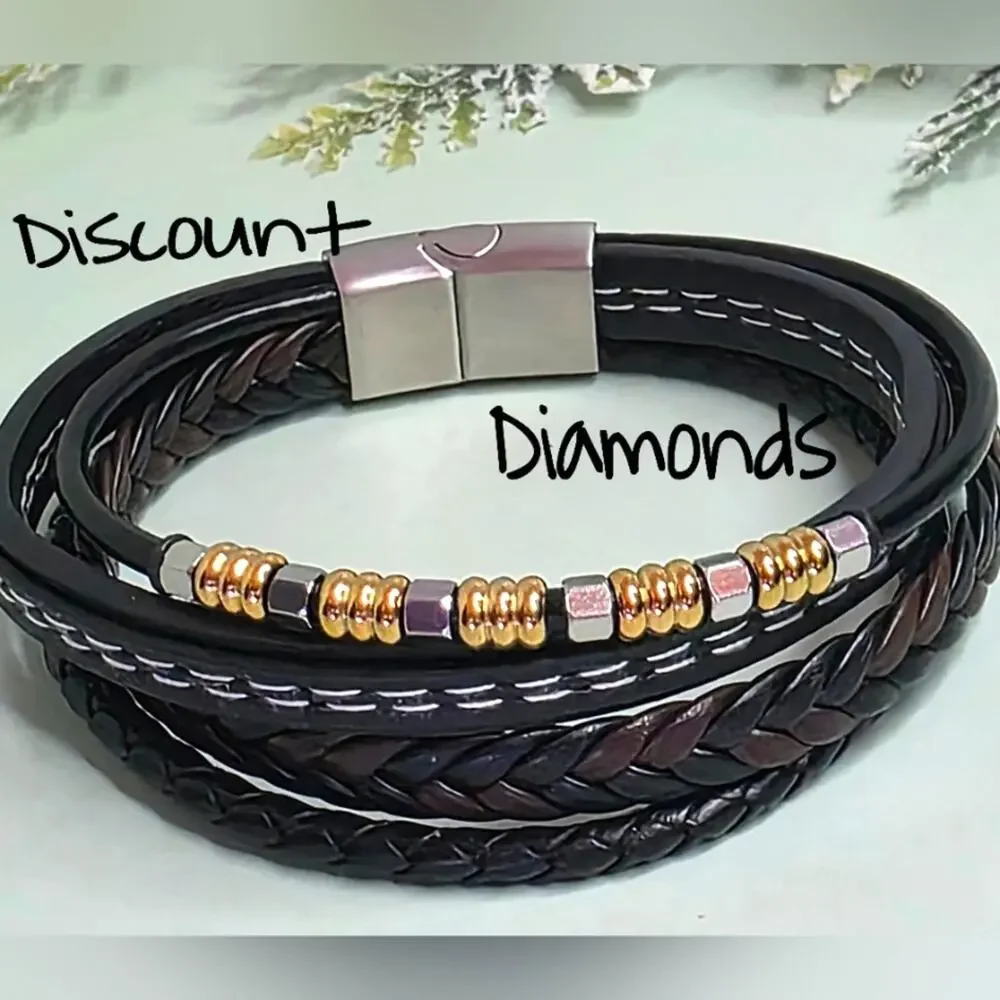 Black & Brown Genuine Braided  Leather & Gold & Silver Titanium